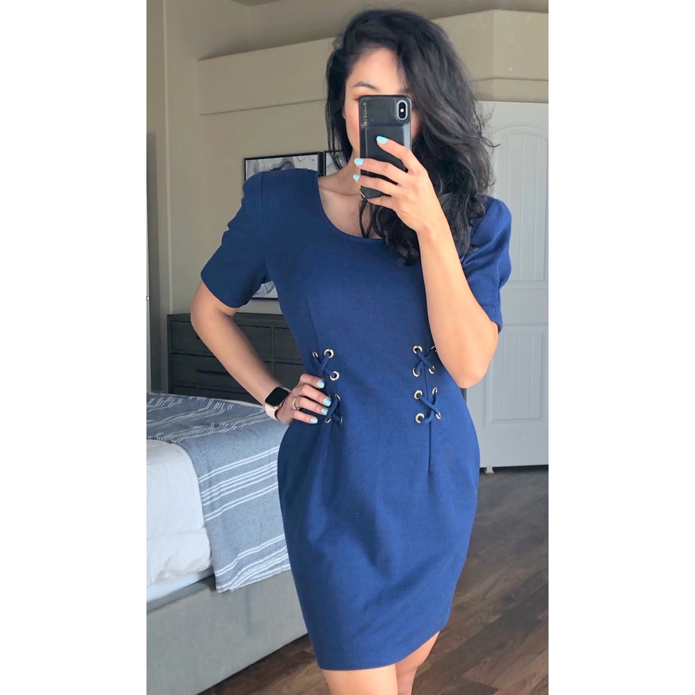 Vintage 80’s 90’s Glam All That Jazz Puff Sleeves Blue Bodycon Dress Size Medium